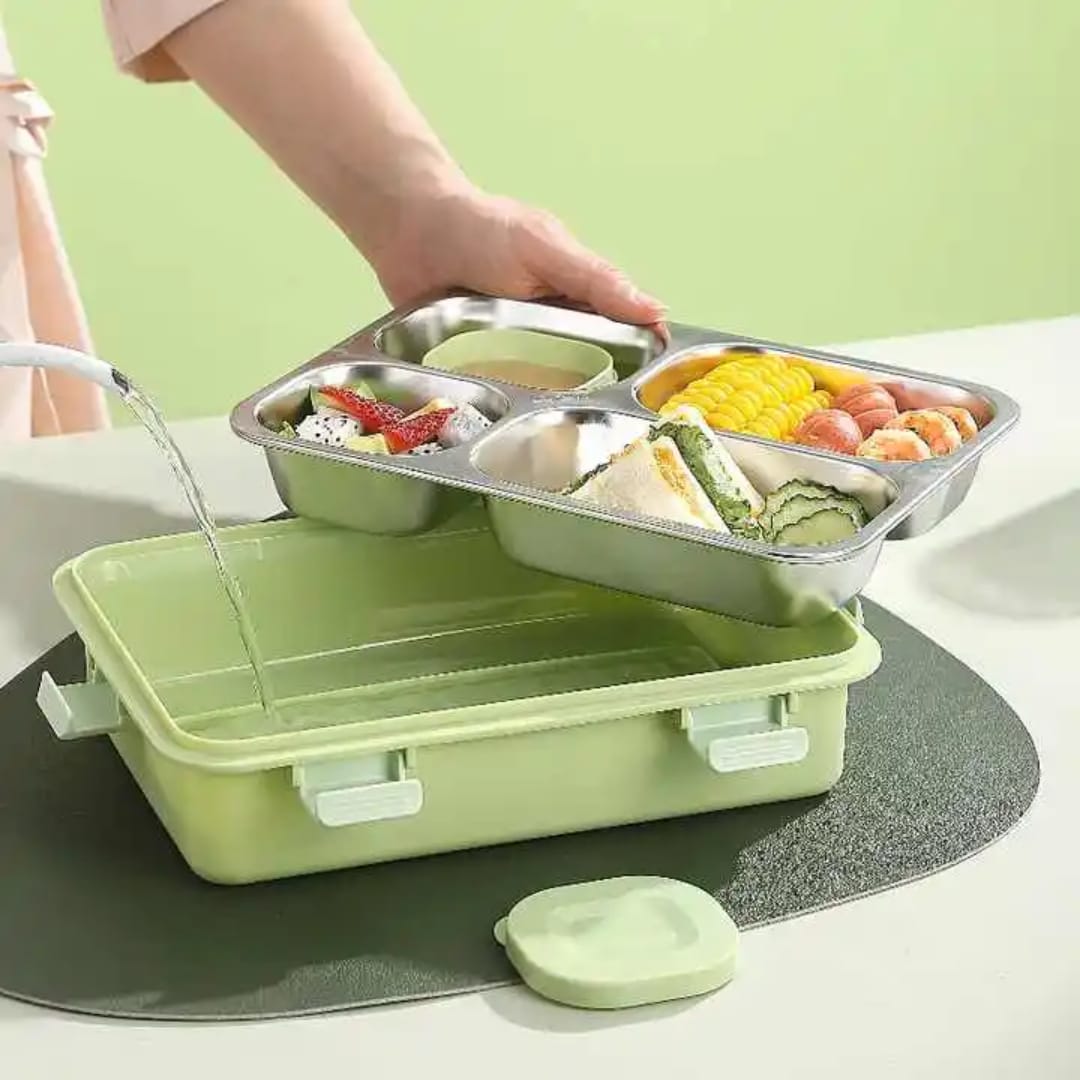 SmartMeal 4 Compartment Stainless Steel Lunch Box – Sturdy, Portable & Dibbie Includedx