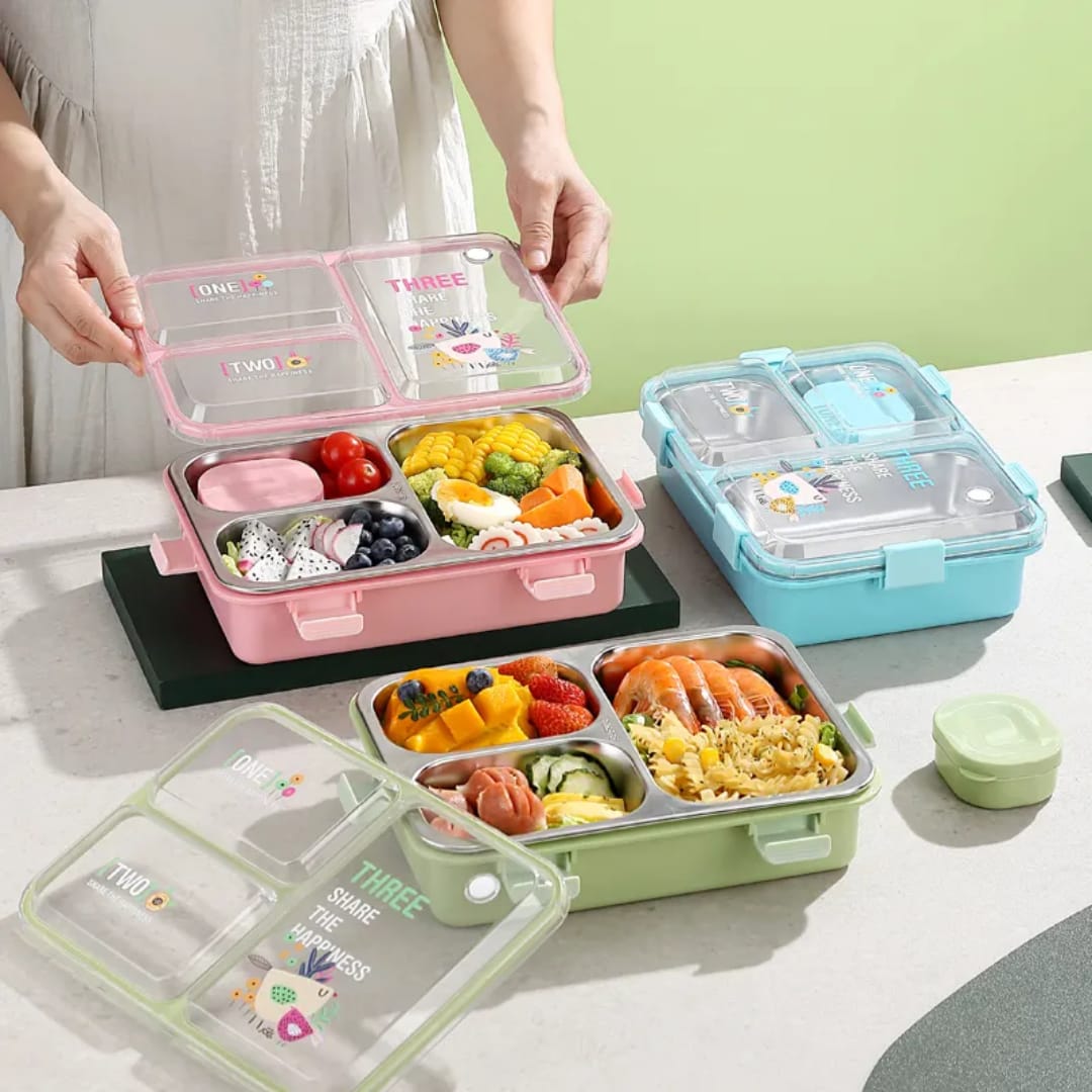 SmartMeal 4 Compartment Stainless Steel Lunch Box – Sturdy, Portable & Dibbie Includedx