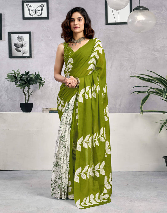 Ready To Wear Green Cotton Printed Saree