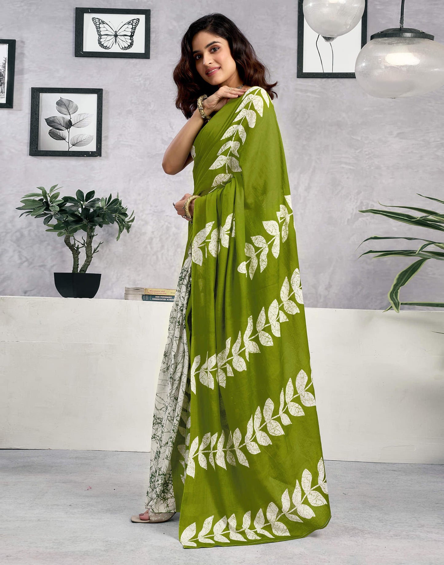 Ready To Wear Green Cotton Printed Saree