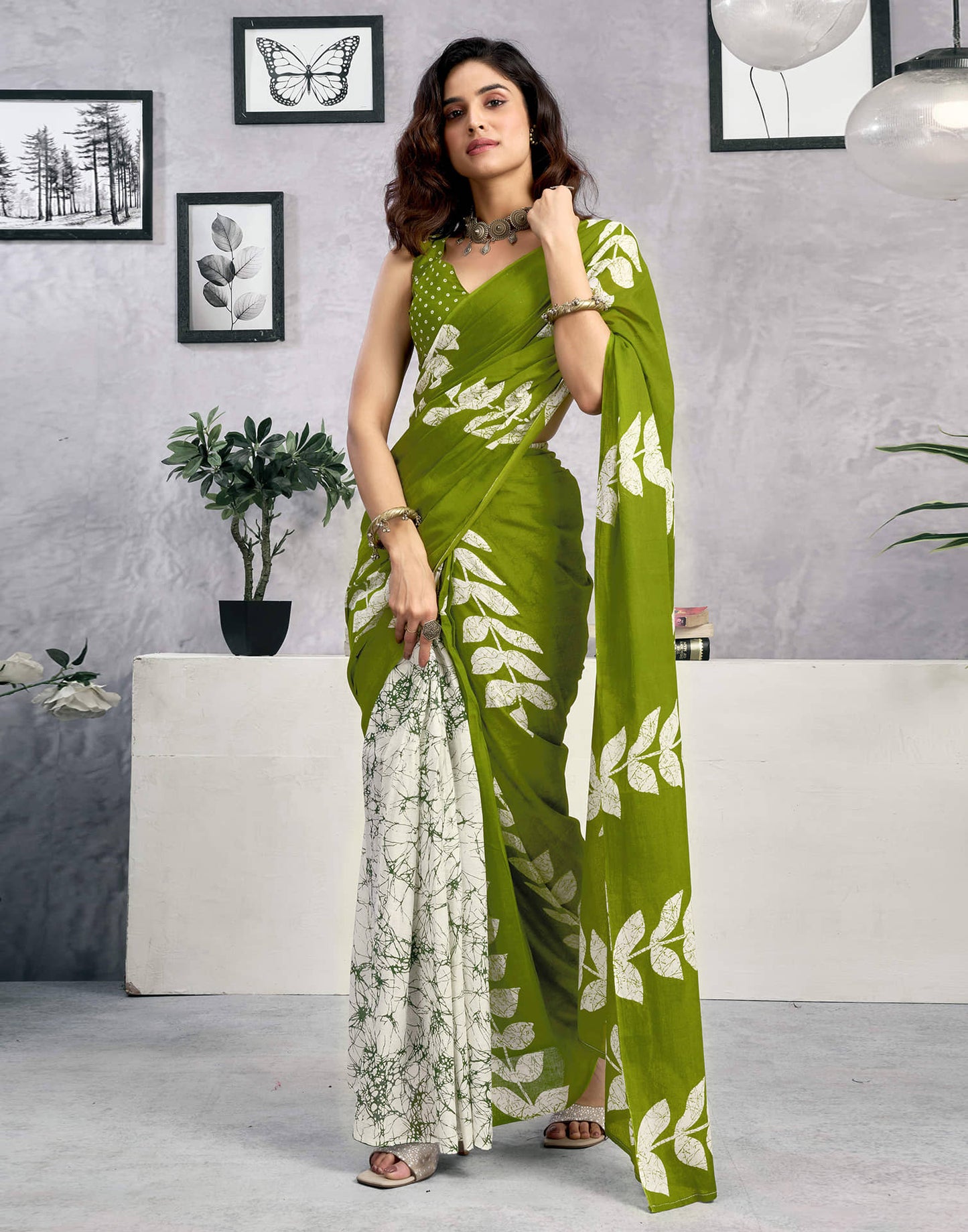 Ready To Wear Green Cotton Printed Saree