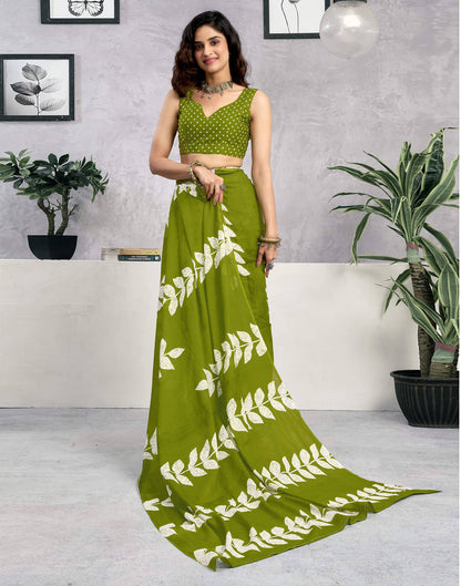 Ready To Wear Green Cotton Printed Saree
