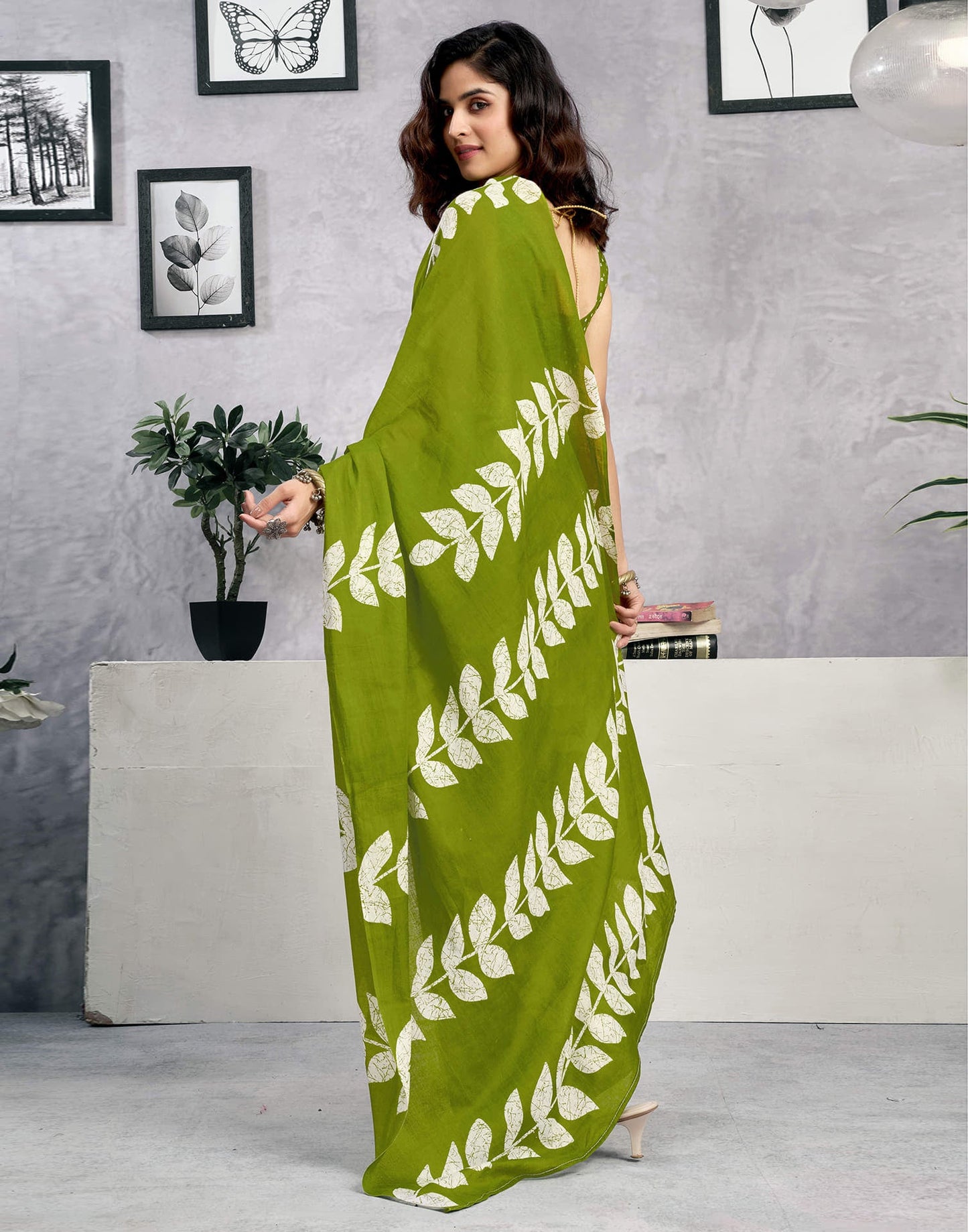Ready To Wear Green Cotton Printed Saree