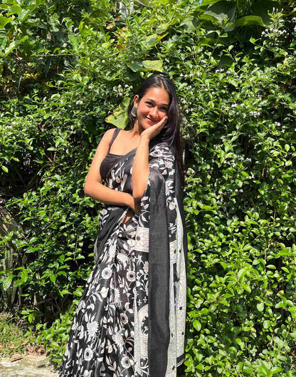 Black Cotton Blend Printed Saree