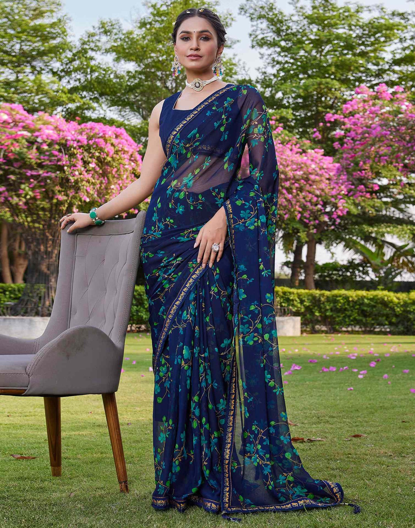 Navy Blue Chiffon Floral Printed Saree
