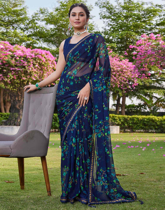 Navy Blue Chiffon Floral Printed Saree