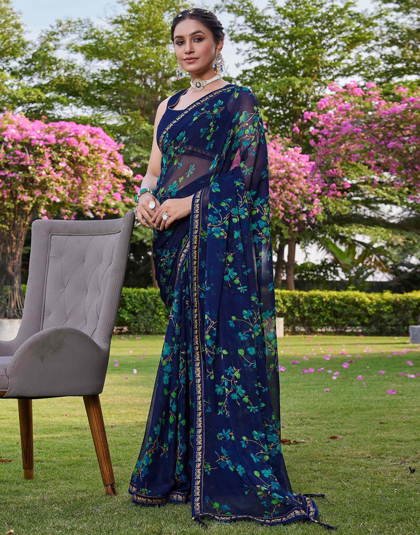 Navy Blue Chiffon Floral Printed Saree