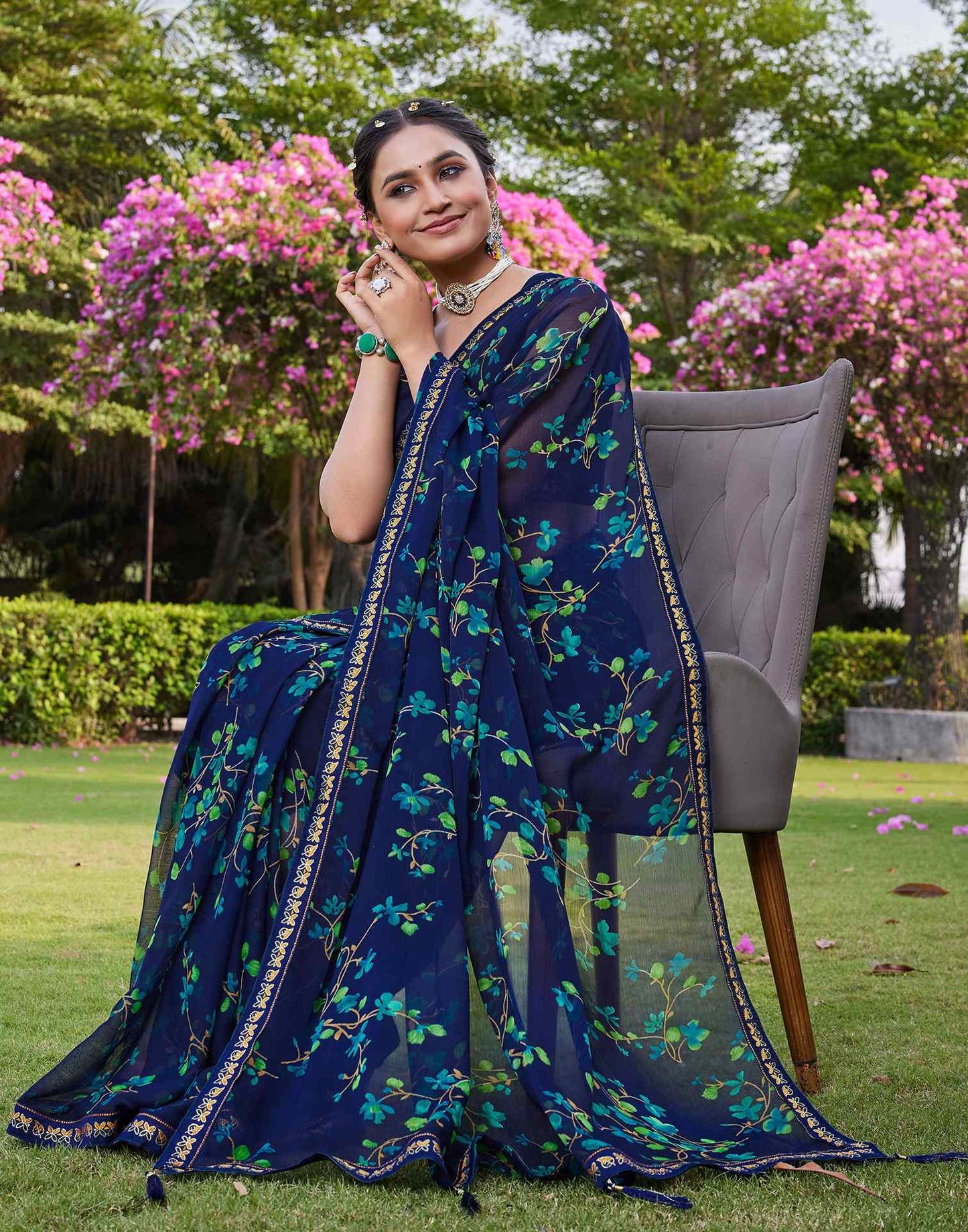 Navy Blue Chiffon Floral Printed Saree