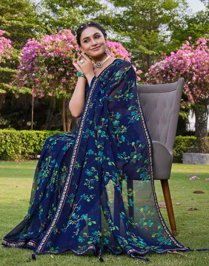 Navy Blue Chiffon Floral Printed Saree