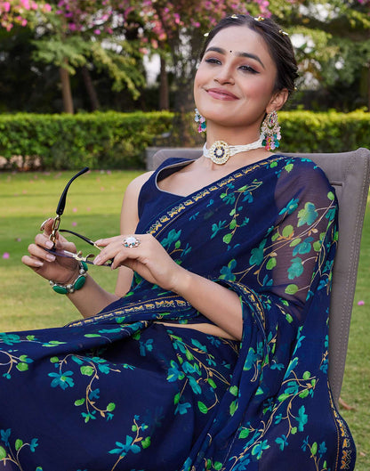 Navy Blue Chiffon Floral Printed Saree