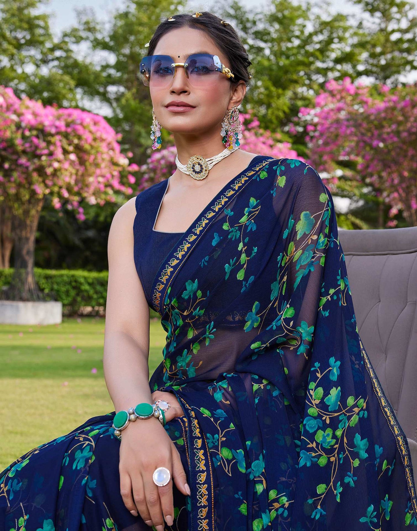 Navy Blue Chiffon Floral Printed Saree