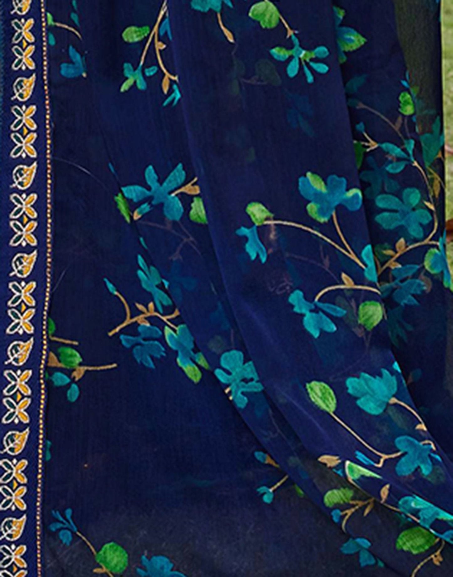 Navy Blue Chiffon Floral Printed Saree