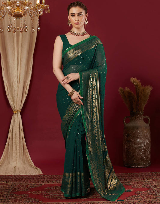 Dark Green Georgette Foil Printed Saree