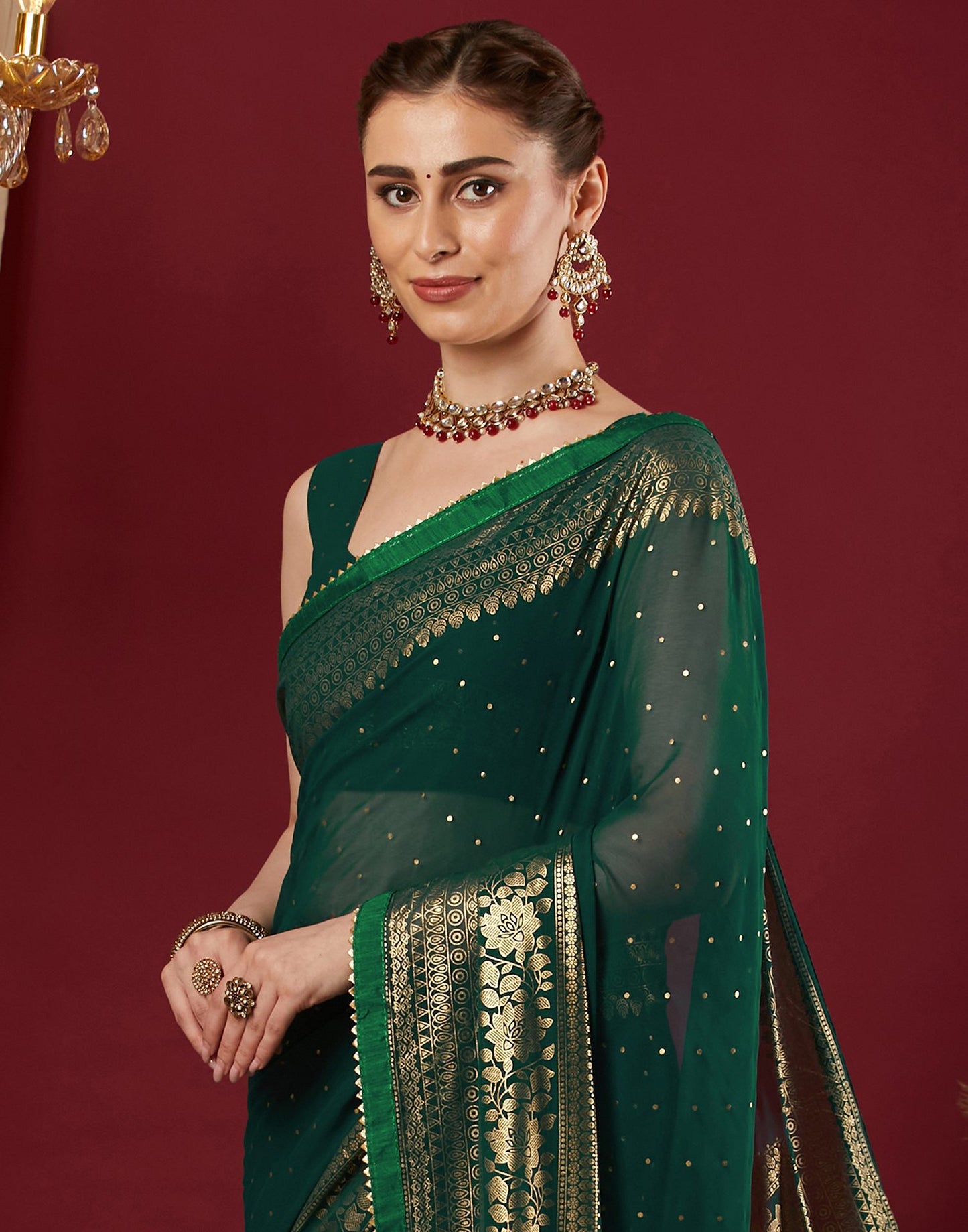 Dark Green Georgette Foil Printed Saree