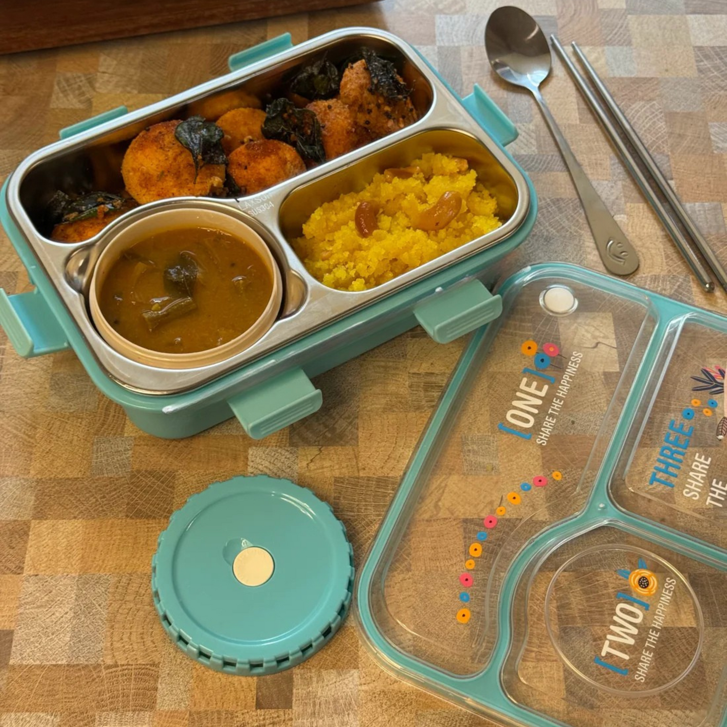 SmartMeal Stainless Steel Bento Lunch Box (3 Grid) with Bowl - 100% Leakproof