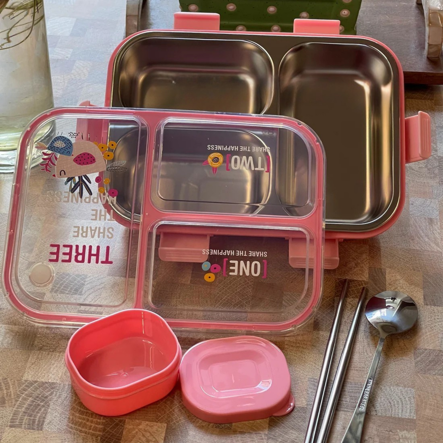 SmartMeal Stainless Steel Bento Lunch Box (3 Grid) with Chutney Box - 100% Leakproof