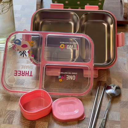 SmartMeal Stainless Steel Bento Lunch Box (3 Grid) with Chutney Box - 100% Leakproof