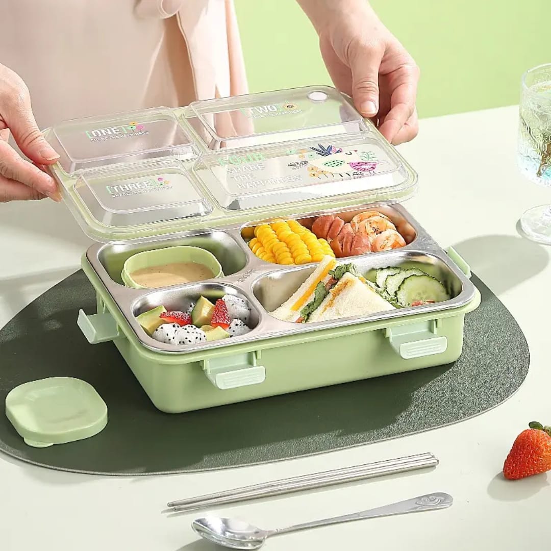 SmartMeal 4 Compartment Stainless Steel Lunch Box – Sturdy, Portable & Dibbie Includedx