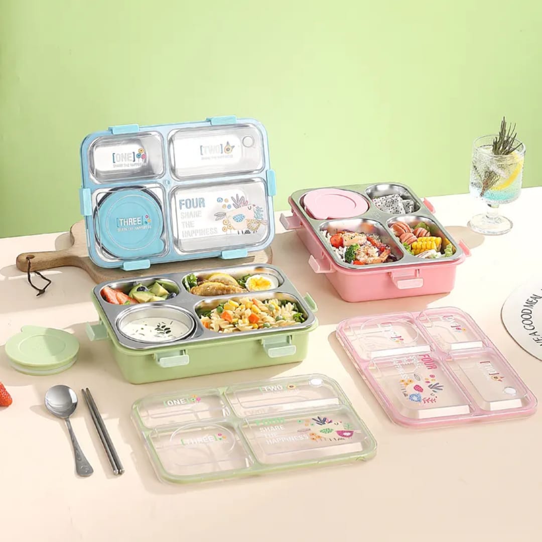 SmartMeal 4 Compartment Stainless Steel Lunch Box – Sturdy, Portable & Dibbie Includedx