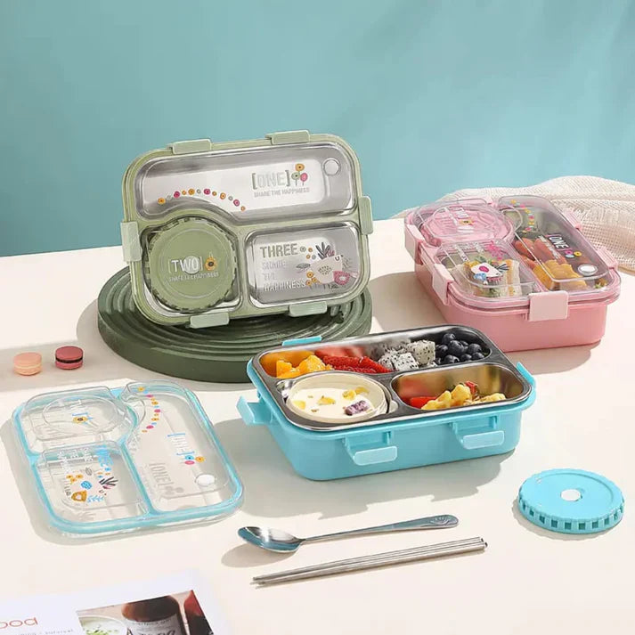 SmartMeal Stainless Steel Bento Lunch Box (3 Grid) with Bowl - 100% Leakproof