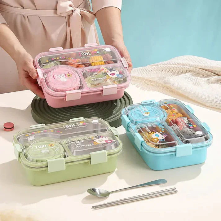 SmartMeal Stainless Steel Bento Lunch Box (3 Grid) with Bowl - 100% Leakproof