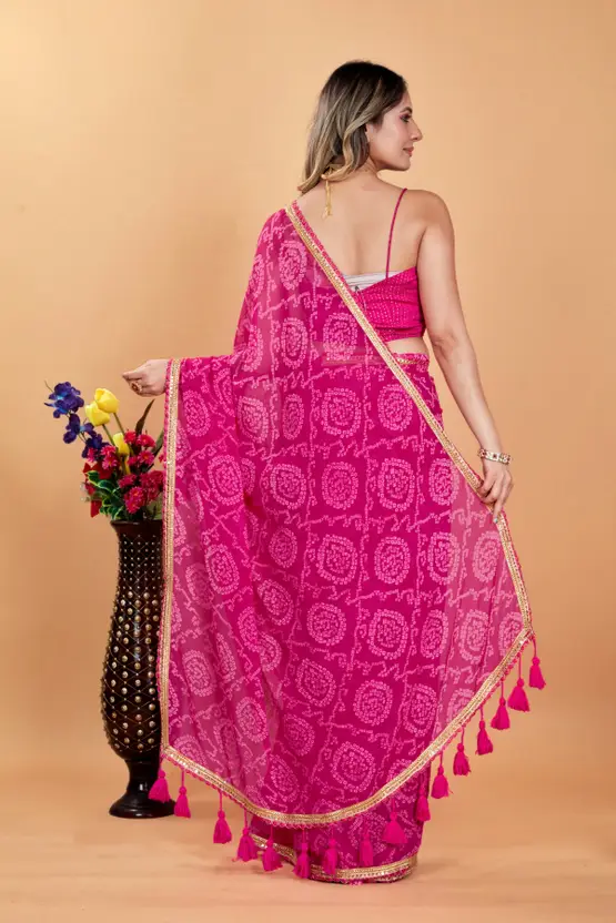 Beautiful Bandhani Chiffon Saree  (Pink)