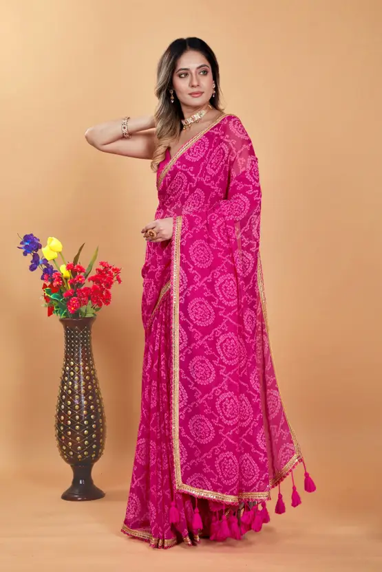 Beautiful Bandhani Chiffon Saree  (Pink)