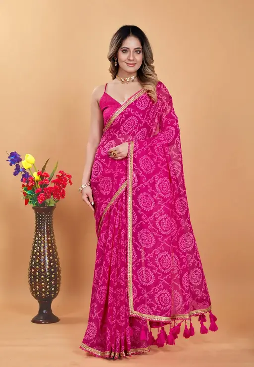 Beautiful Bandhani Chiffon Saree  (Pink)